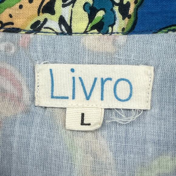 LIVRO Dress L Floral Bird Fit & Flare Button Front Mini Shirtdress Cotton Blue - Picture 5 of 16